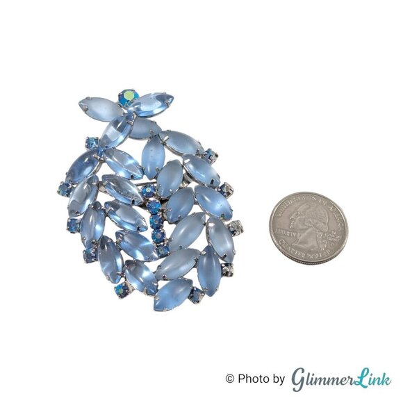 VTG Blue Navette & Aurora Borealis Rhinestones Silver Tone Mid Century Brooch - Picture 7 of 11